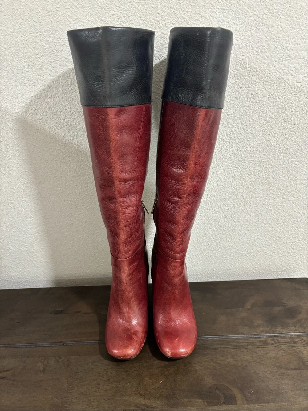 Tory Burch Two-Tone Red and Black Knee-High Leather Boots